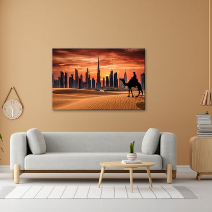 Leinwandbild Wüstensilhouette trifft auf Dubais flammenden Abendhimmel - deyoli