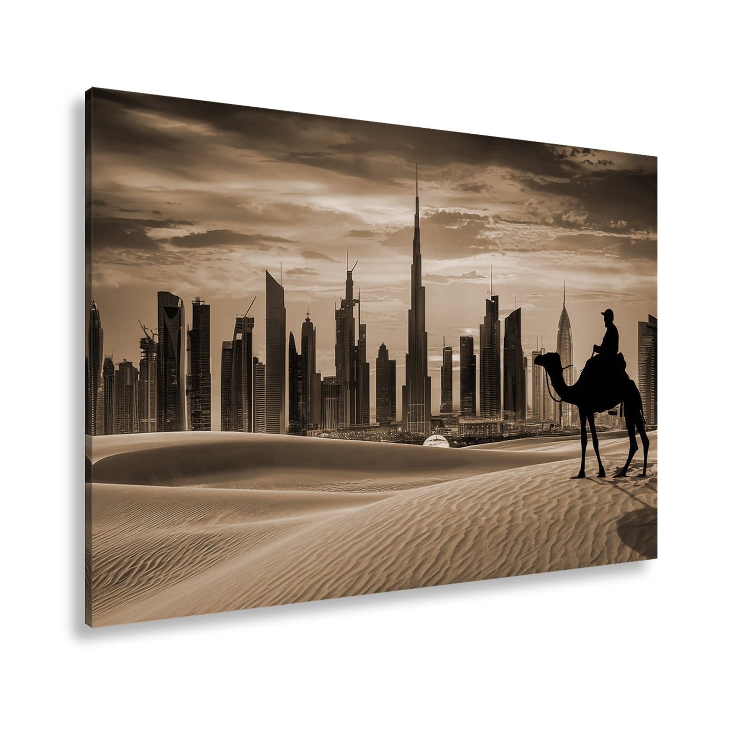 Leinwandbild Wüstensilhouette trifft auf Dubais flammenden Abendhimmel - deyoli