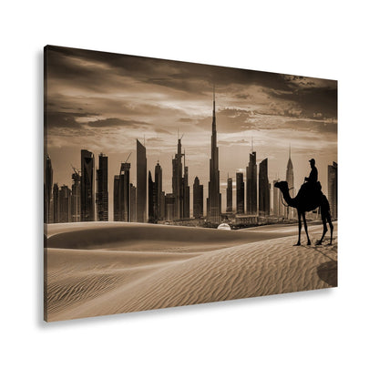 Leinwandbild Wüstensilhouette trifft auf Dubais flammenden Abendhimmel - deyoli