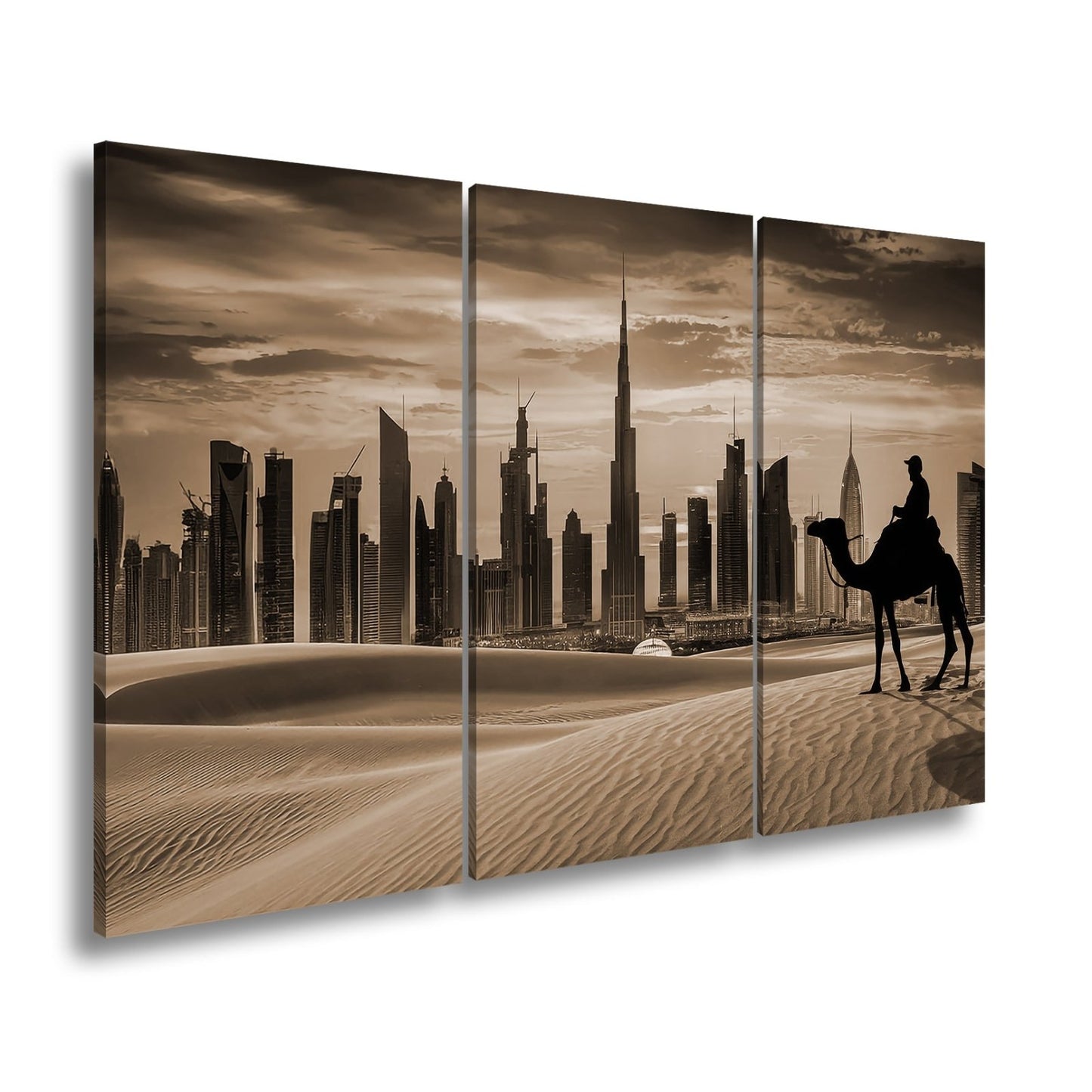 Leinwandbild Wüstensilhouette trifft auf Dubais flammenden Abendhimmel - deyoli
