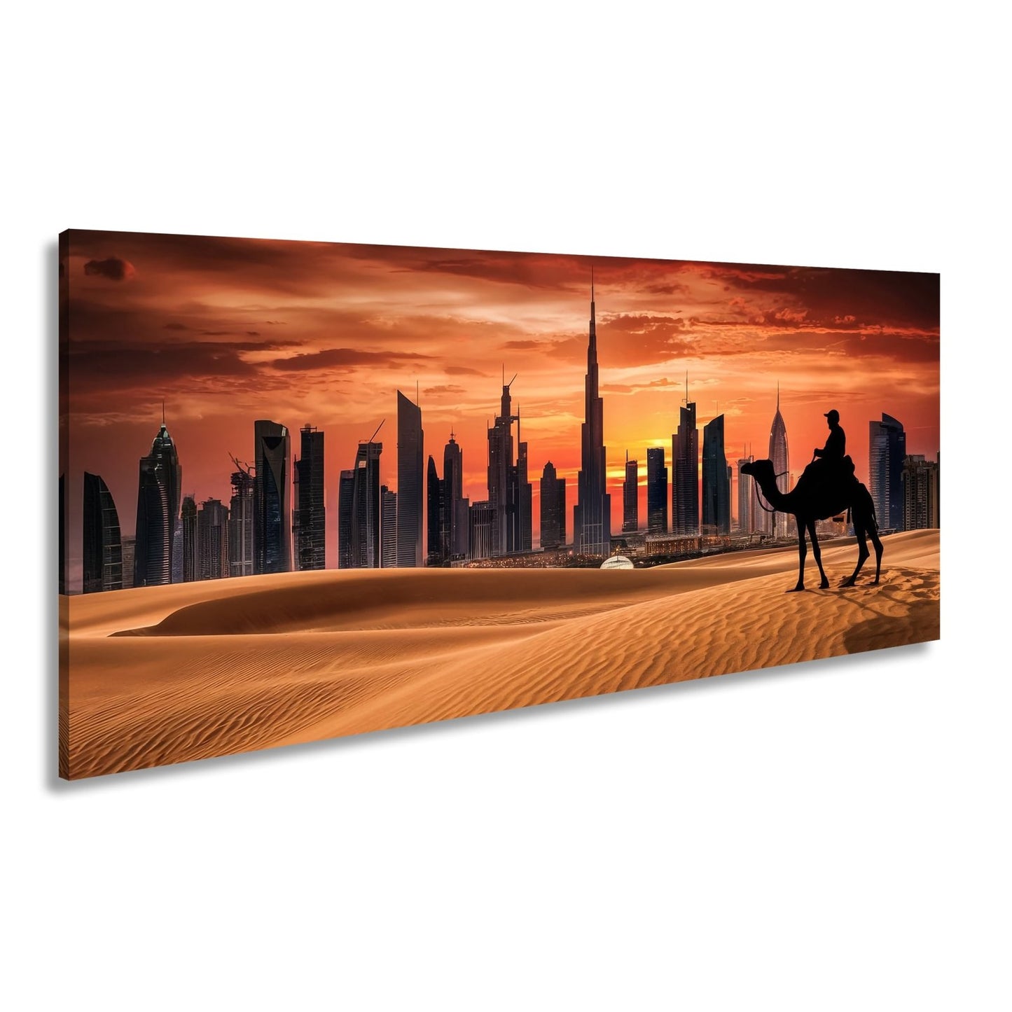 Leinwandbild Wüstensilhouette trifft auf Dubais flammenden Abendhimmel - deyoli