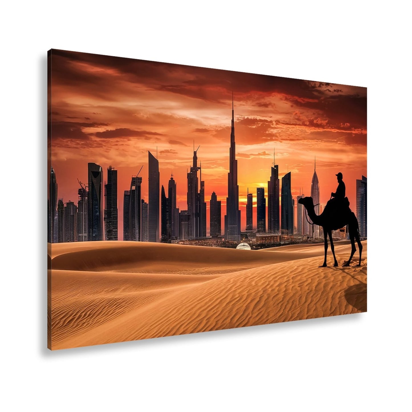 Leinwandbild Wüstensilhouette trifft auf Dubais flammenden Abendhimmel - deyoli