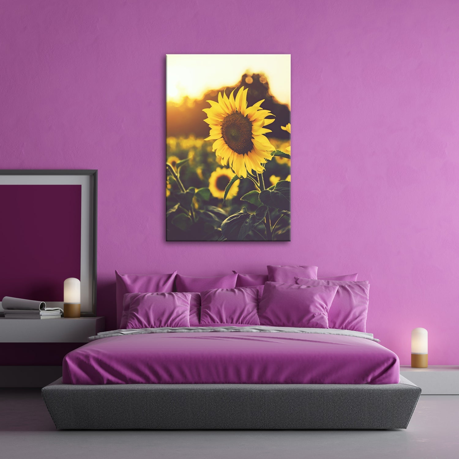 Leinwandbild XXL Blume Sonnenuntergang – Abendgold - deyoli