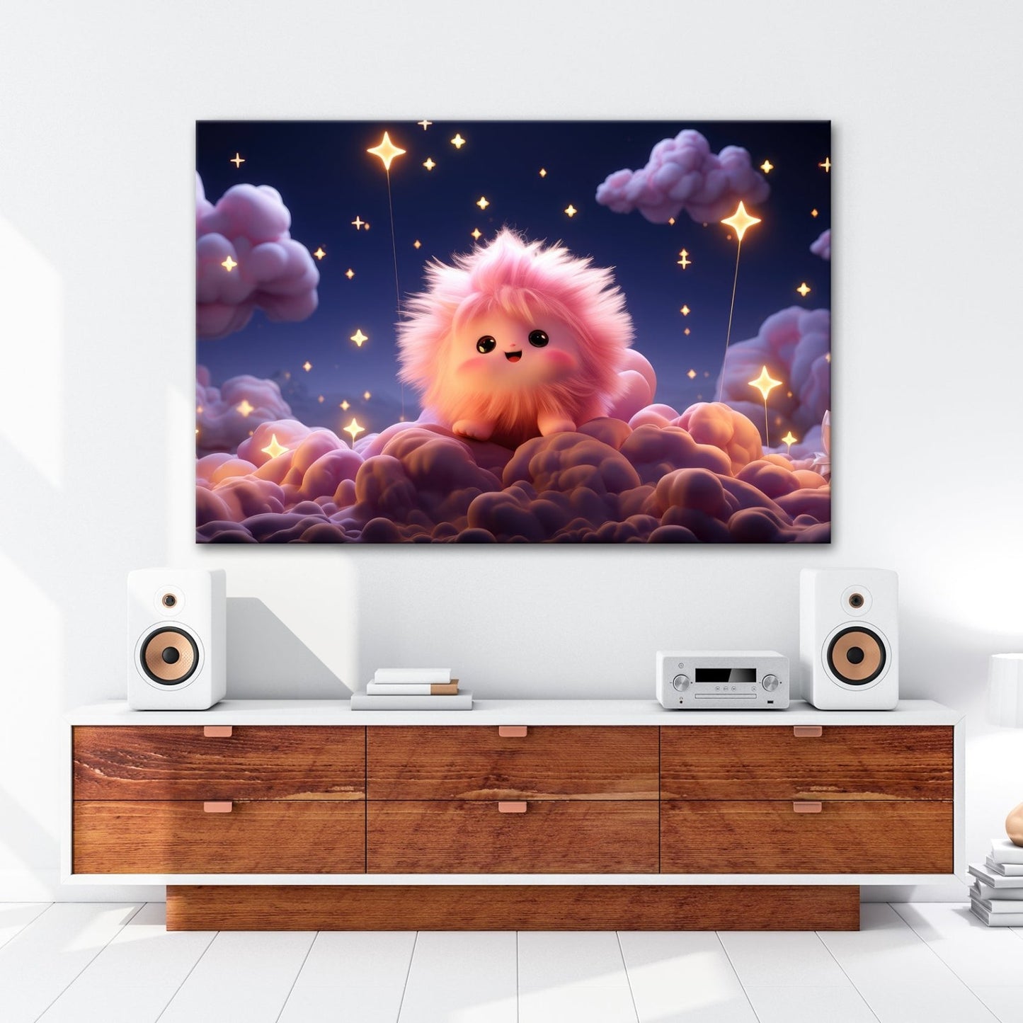 Leinwandbild XXL Fantasy – Flauschiges Traumwesen auf Sternenwolken - deyoli
