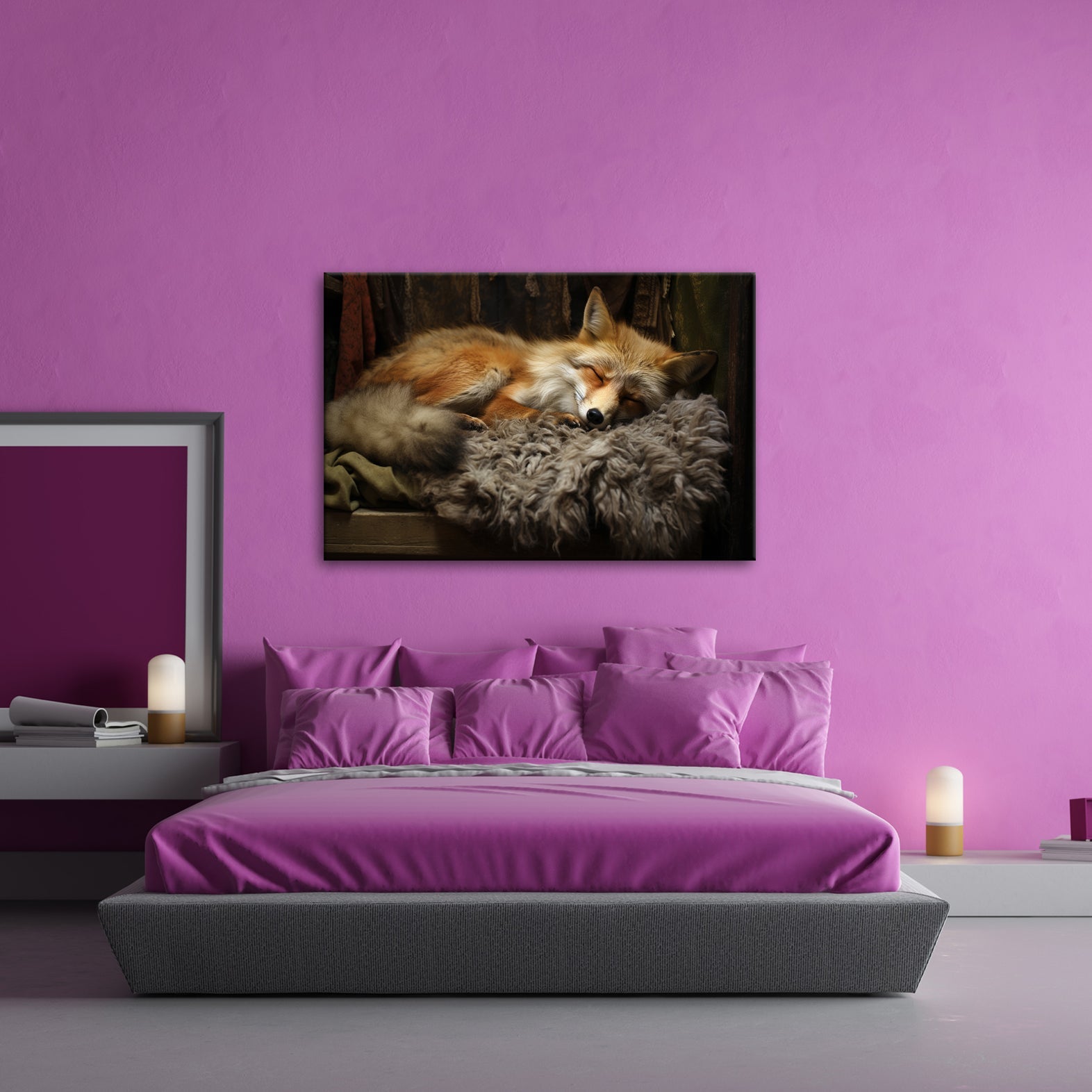 Leinwandbild XXL Fuchs – Fuchstraum in Wolle – sanft gebettet in stiller Wärme. - deyoli