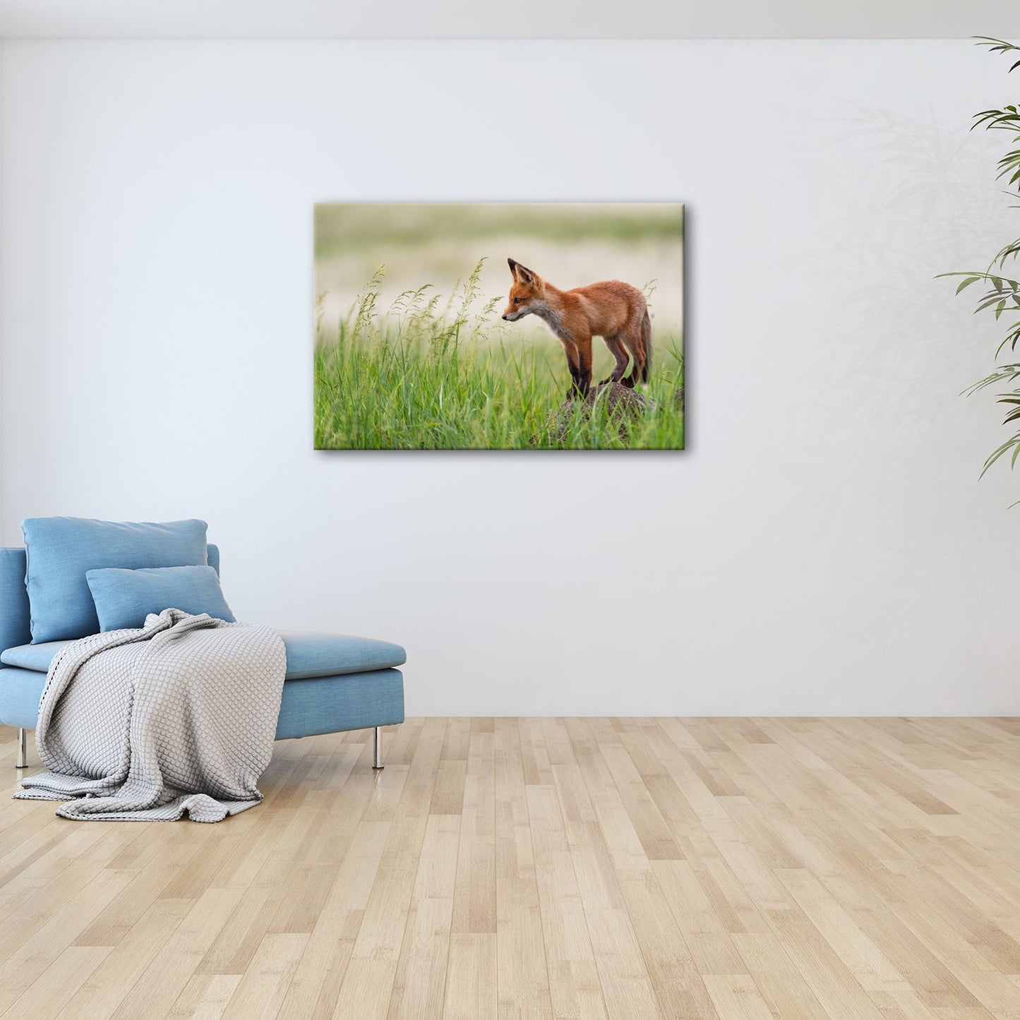 Leinwandbild XXL Fuchs – Jung, neugierig, bereit – ein Fuchs entdeckt die Welt. - deyoli