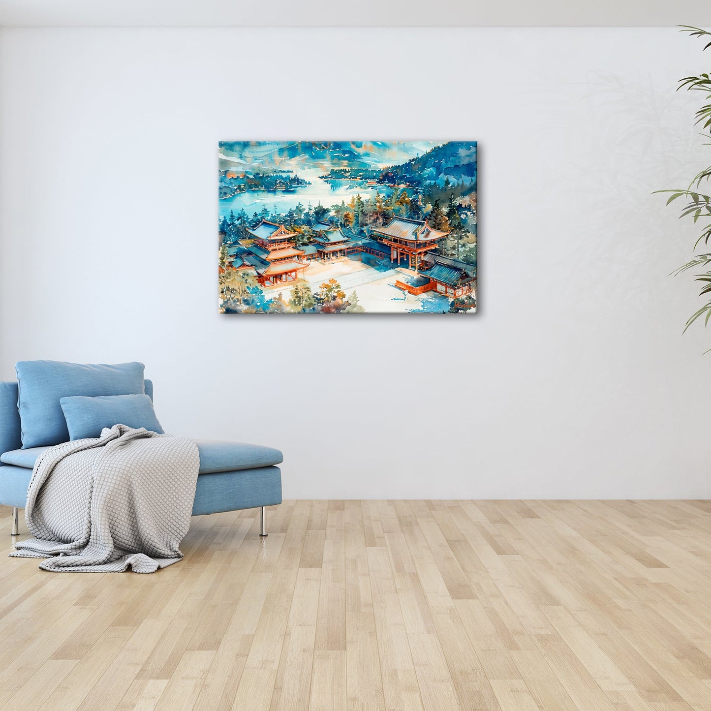 Leinwandbild XXL Japanischer Tempel Aquarell – Bergwald - deyoli