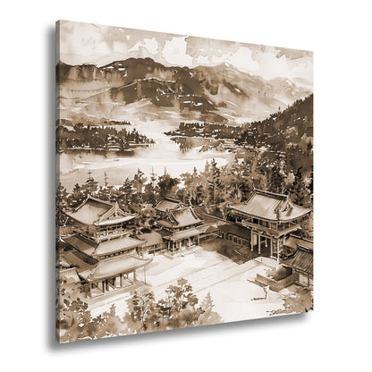 Leinwandbild XXL Japanischer Tempel Aquarell – Bergwald - deyoli