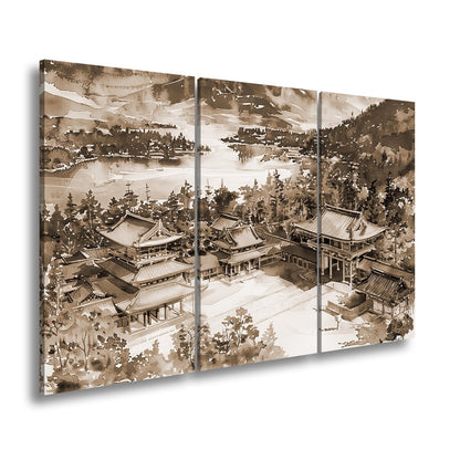 Leinwandbild XXL Japanischer Tempel Aquarell – Bergwald - deyoli