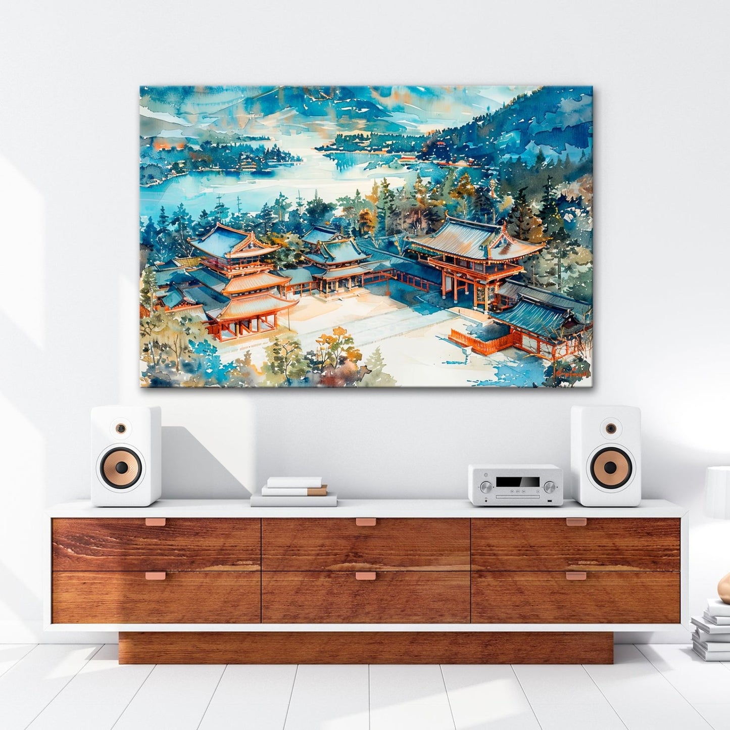 Leinwandbild XXL Japanischer Tempel Aquarell – Bergwald - deyoli