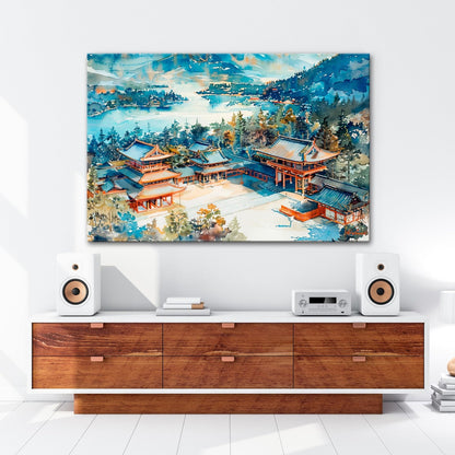 Leinwandbild XXL Japanischer Tempel Aquarell – Bergwald - deyoli