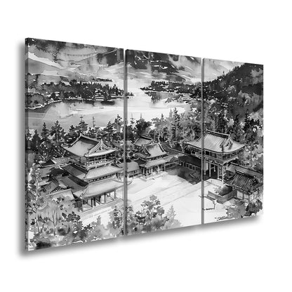 Leinwandbild XXL Japanischer Tempel Aquarell – Bergwald - deyoli