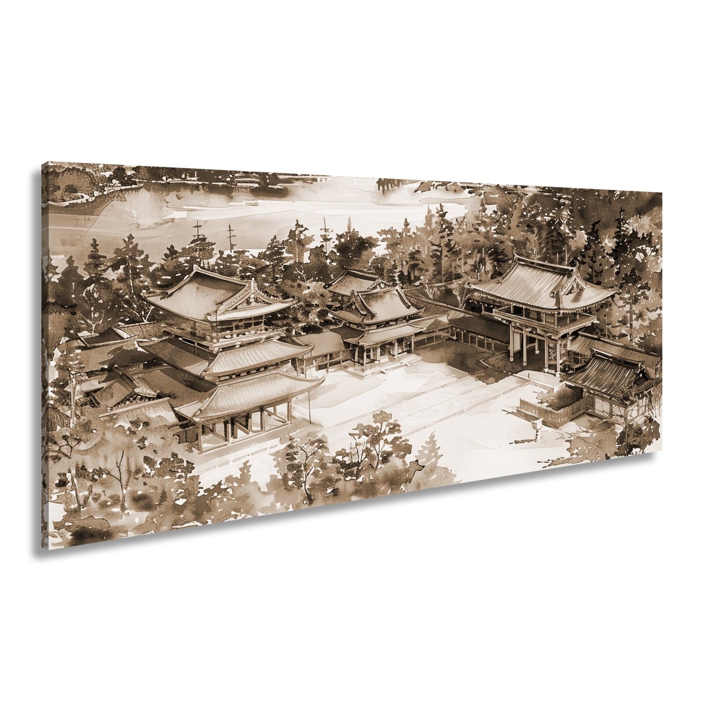 Leinwandbild XXL Japanischer Tempel Aquarell – Bergwald - deyoli