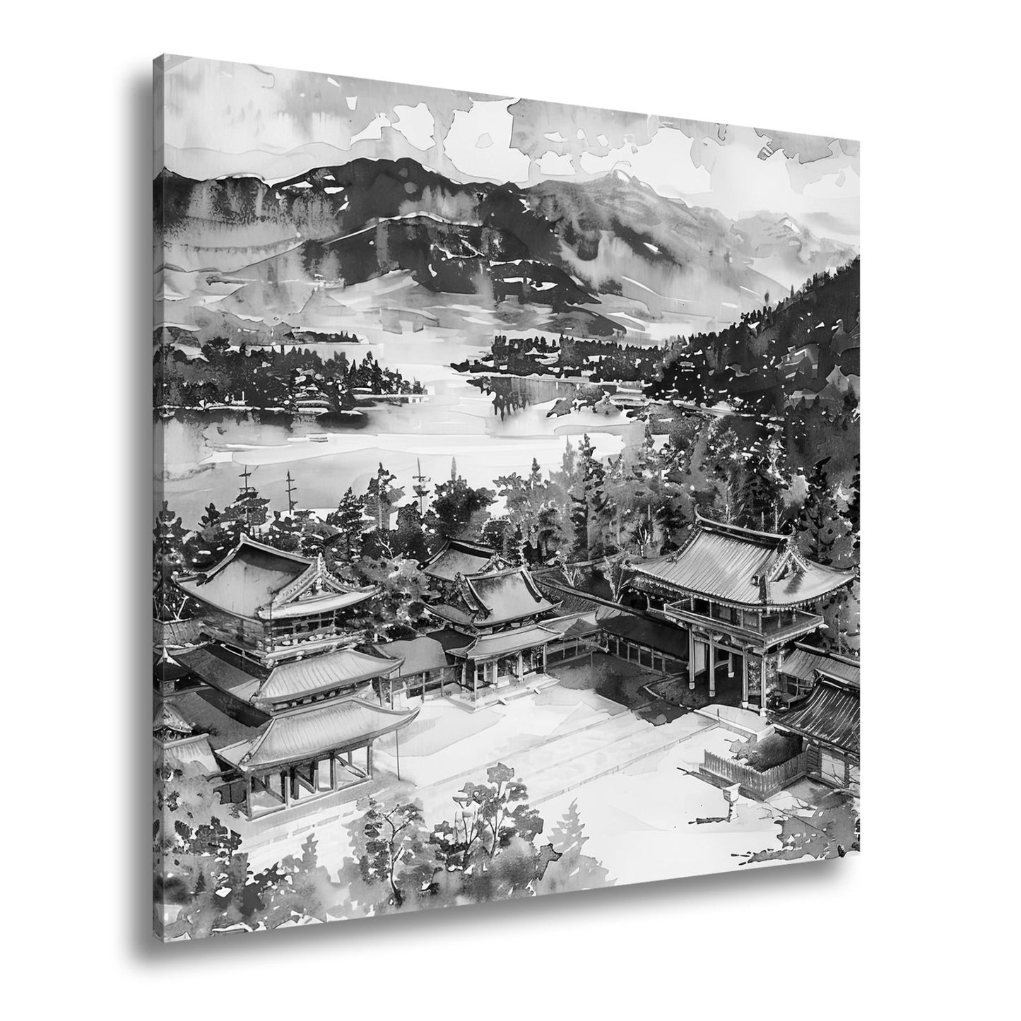 Leinwandbild XXL Japanischer Tempel Aquarell – Bergwald - deyoli