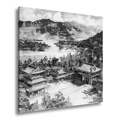 Leinwandbild XXL Japanischer Tempel Aquarell – Bergwald - deyoli