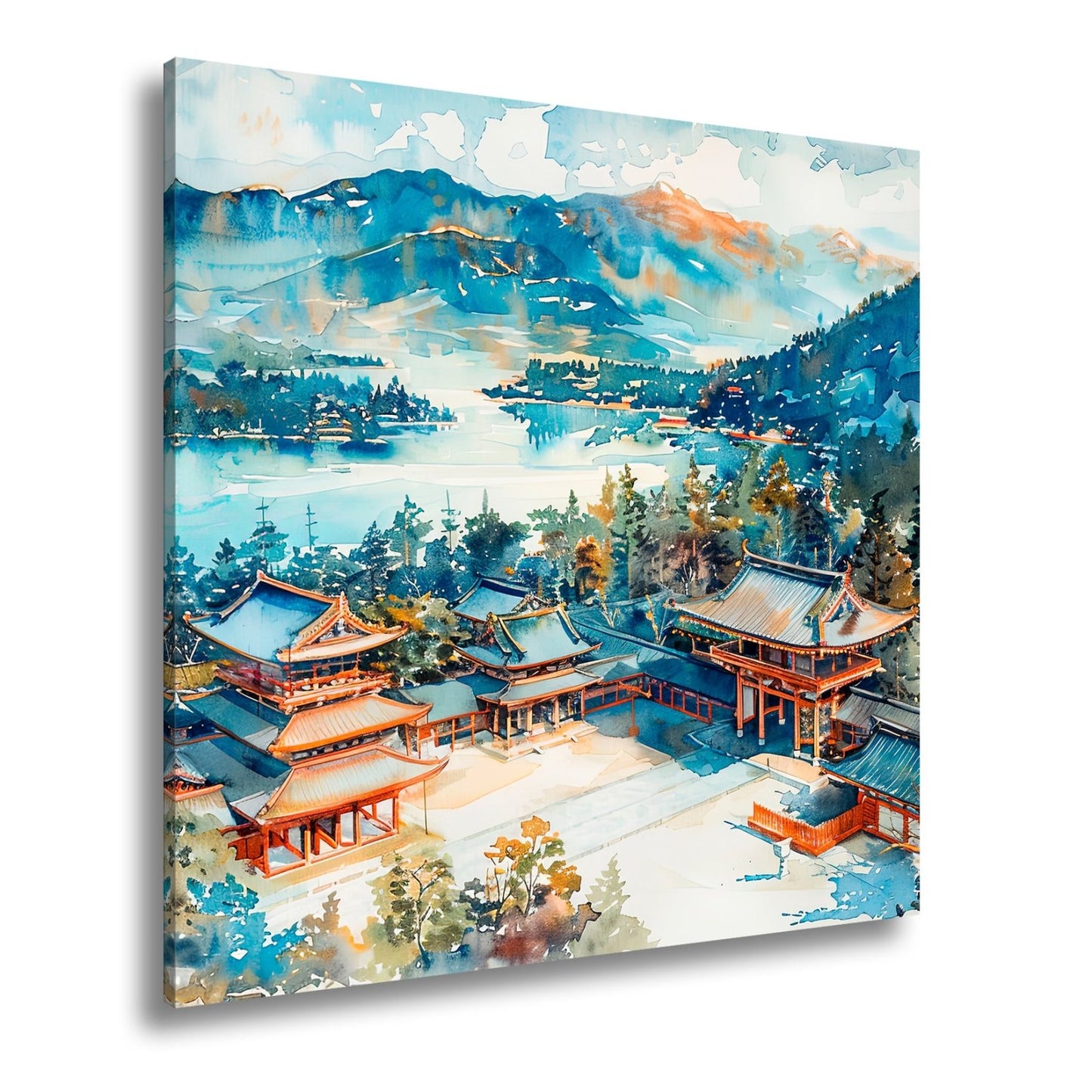 Leinwandbild XXL Japanischer Tempel Aquarell – Bergwald - deyoli