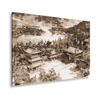 Leinwandbild XXL Japanischer Tempel Aquarell – Bergwald - deyoli