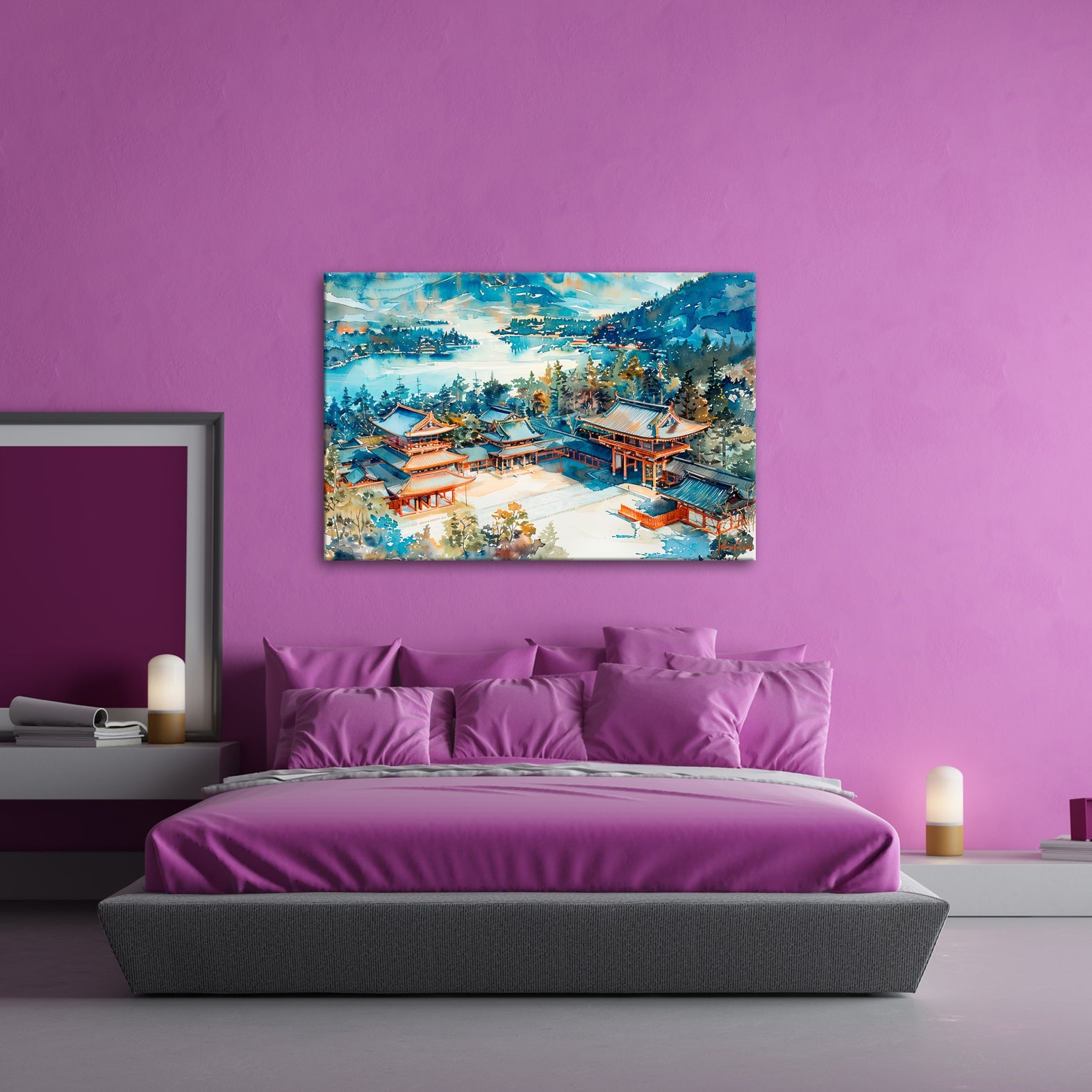 Leinwandbild XXL Japanischer Tempel Aquarell – Bergwald - deyoli