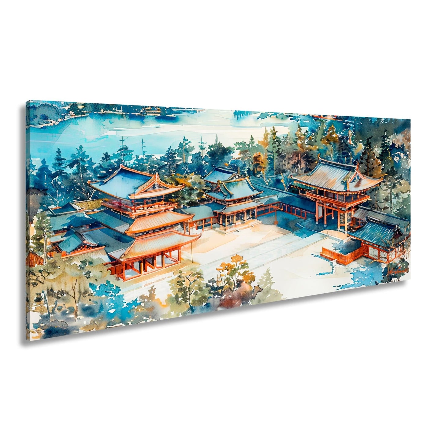 Leinwandbild XXL Japanischer Tempel Aquarell – Bergwald - deyoli