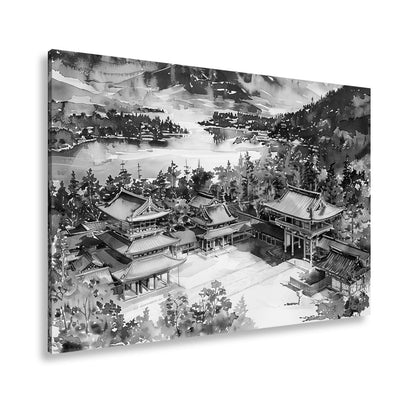 Leinwandbild XXL Japanischer Tempel Aquarell – Bergwald - deyoli
