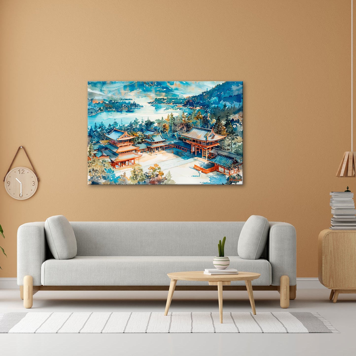 Leinwandbild XXL Japanischer Tempel Aquarell – Bergwald - deyoli