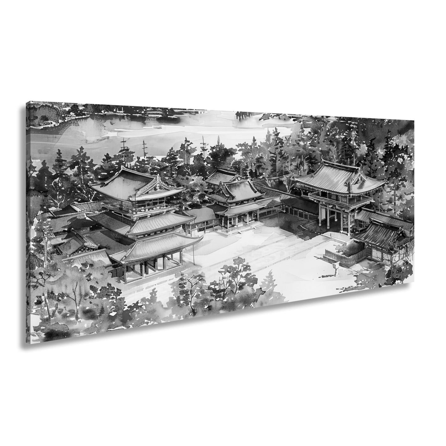 Leinwandbild XXL Japanischer Tempel Aquarell – Bergwald - deyoli