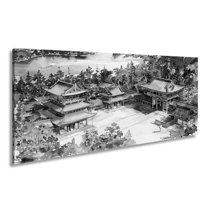 Leinwandbild XXL Japanischer Tempel Aquarell – Bergwald - deyoli