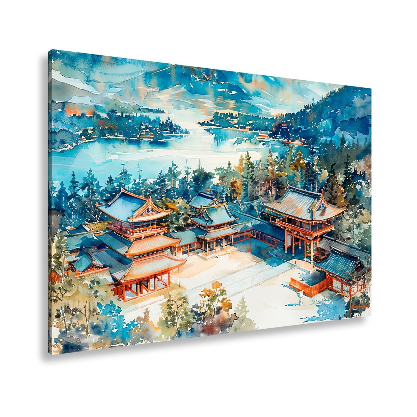 Leinwandbild XXL Japanischer Tempel Aquarell – Bergwald - deyoli