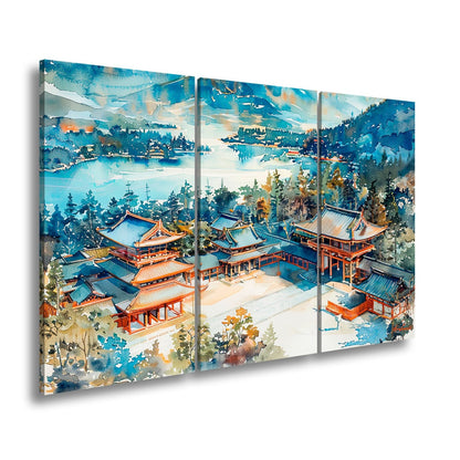 Leinwandbild XXL Japanischer Tempel Aquarell – Bergwald - deyoli