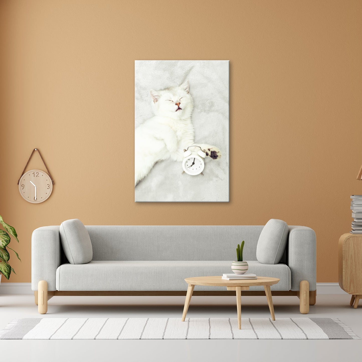 Leinwandbild XXL Katze – Katzenruhe mit Wecker - deyoli