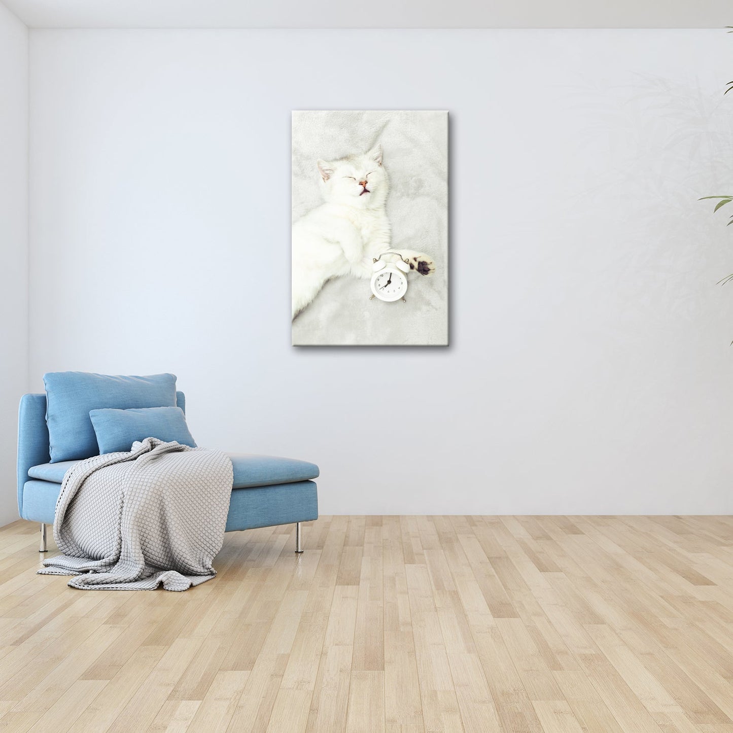 Leinwandbild XXL Katze – Katzenruhe mit Wecker - deyoli