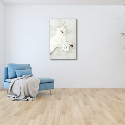 Leinwandbild XXL Katze – Katzenruhe mit Wecker - deyoli