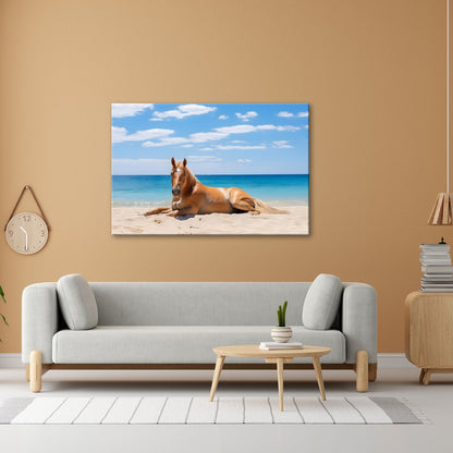 Leinwandbild XXL Pferd Strand – Entspannt im Sand - deyoli