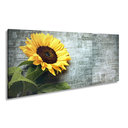 Leinwandbild XXL Sonnenblume Holz – Vintage Landhaus - deyoli