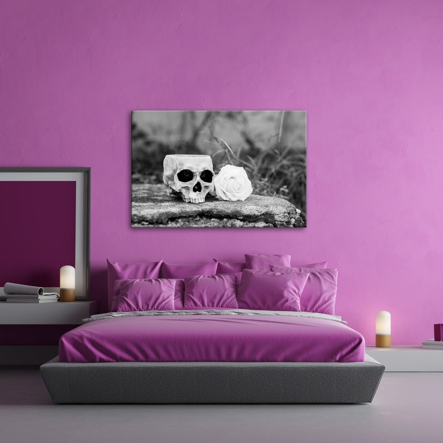 Leinwandbild XXL Totenkopf – Ein leerer Blick mit weißer Rose - deyoli