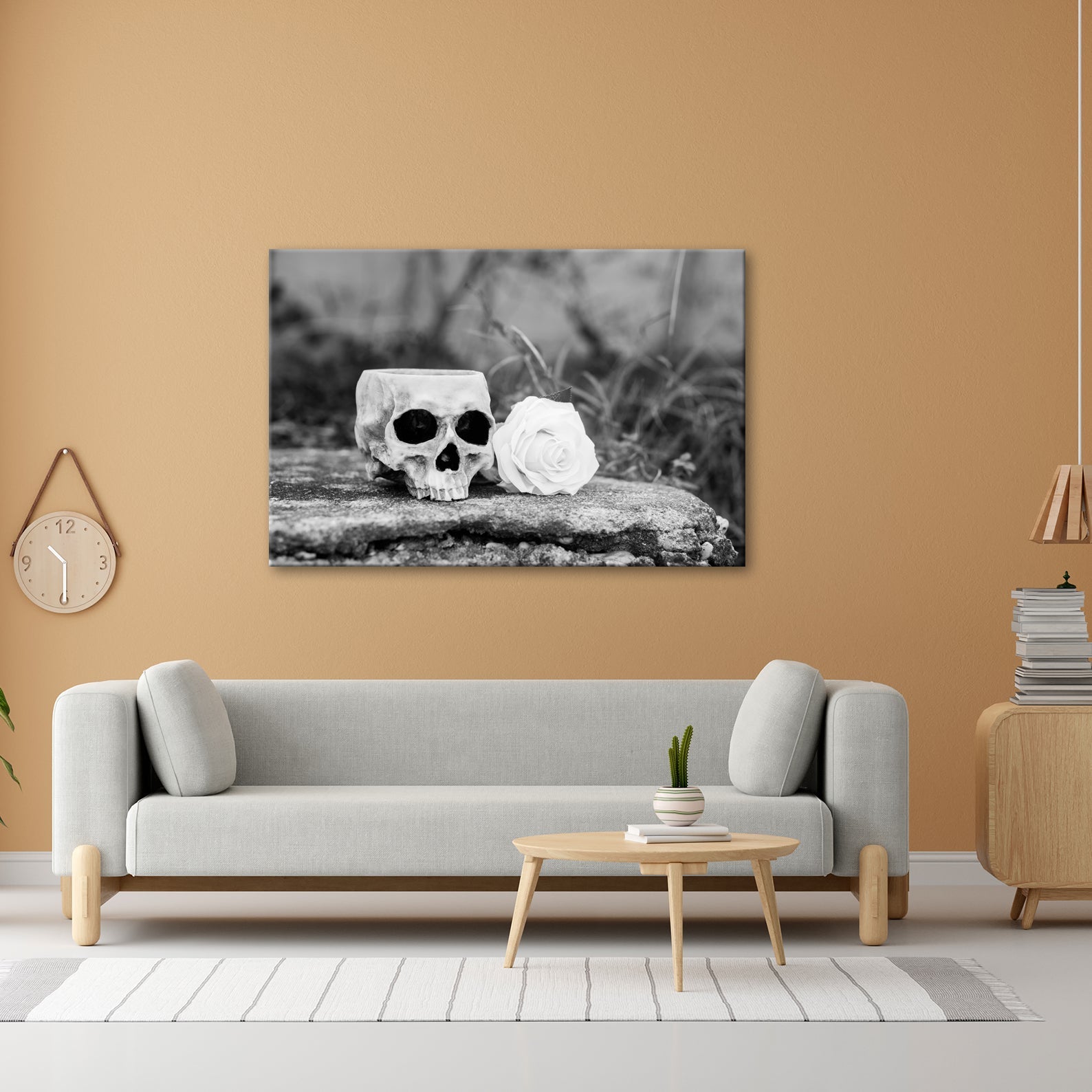 Leinwandbild XXL Totenkopf – Ein leerer Blick mit weißer Rose - deyoli