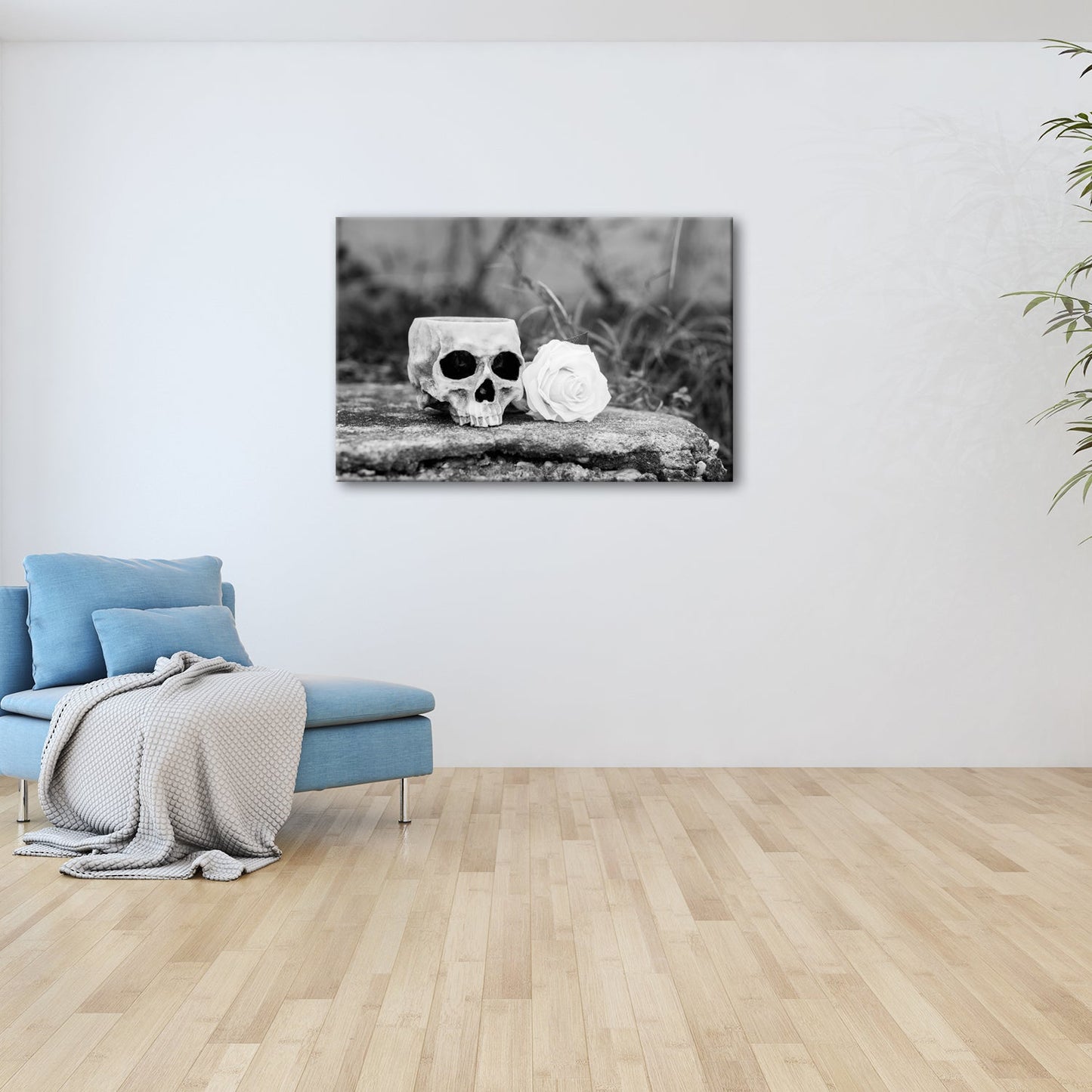 Leinwandbild XXL Totenkopf – Ein leerer Blick mit weißer Rose - deyoli