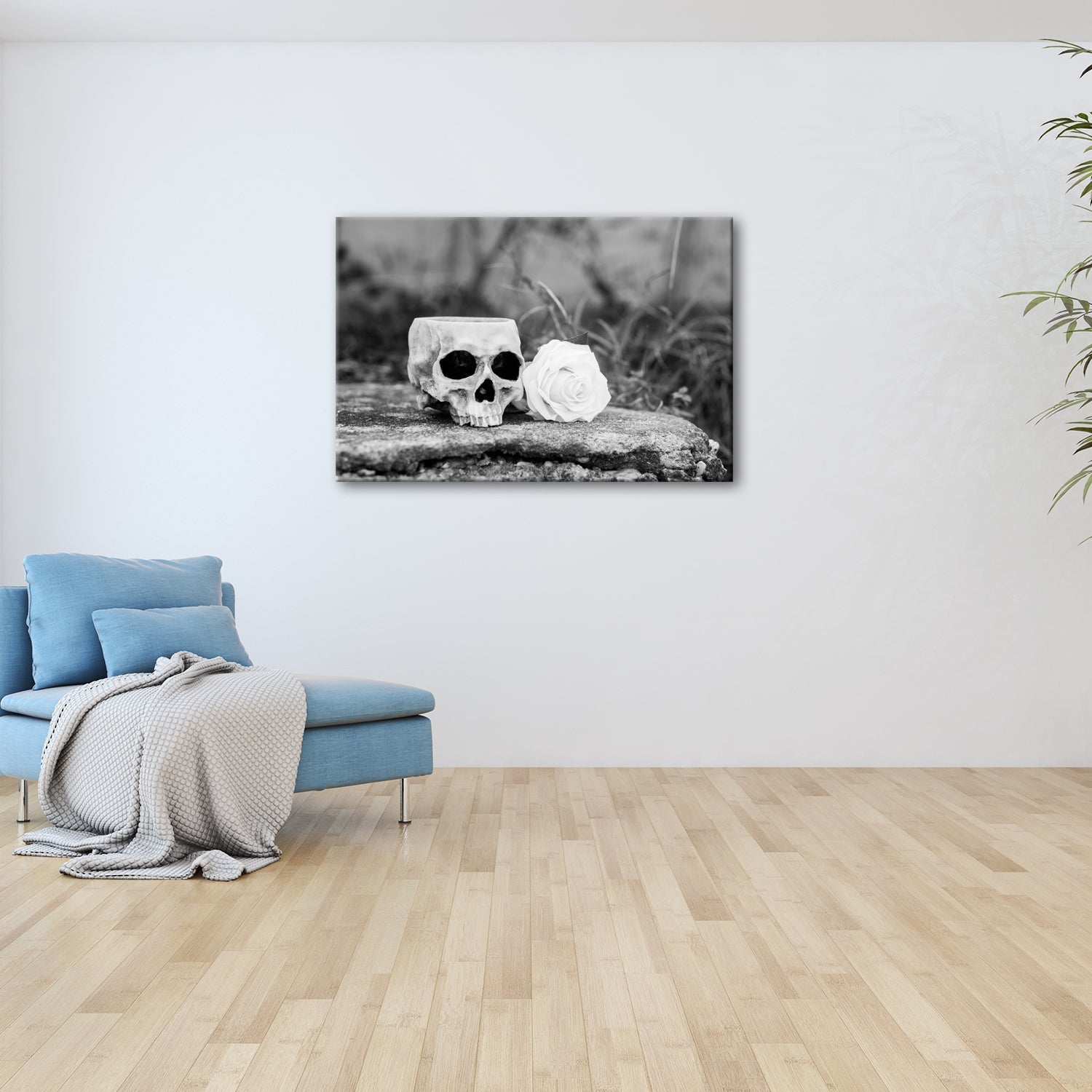 Leinwandbild XXL Totenkopf – Ein leerer Blick mit weißer Rose - deyoli