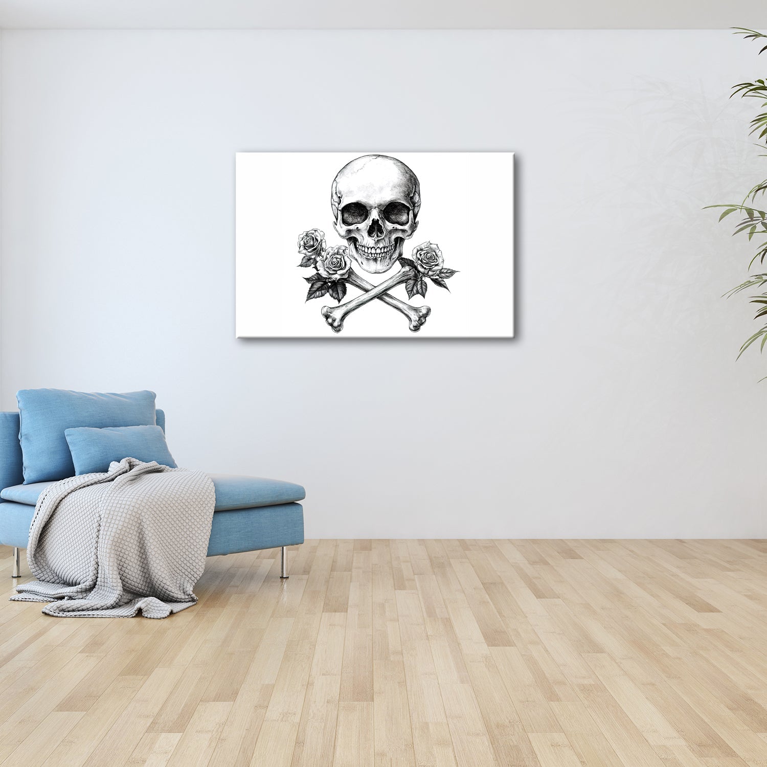 Leinwandbild XXL Totenkopf – Knochen und Rosen – Schönheit im Schatten des Todes. - deyoli