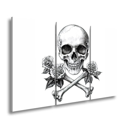 Leinwandbild XXL Totenkopf – Knochen und Rosen – Schönheit im Schatten des Todes. - deyoli