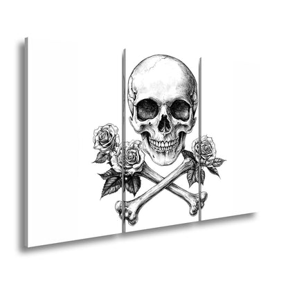 Leinwandbild XXL Totenkopf – Knochen und Rosen – Schönheit im Schatten des Todes. - deyoli