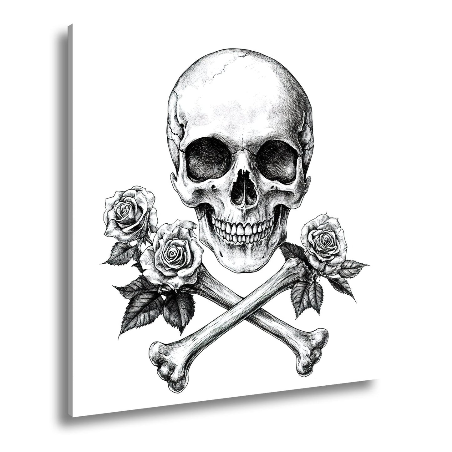 Leinwandbild XXL Totenkopf – Knochen und Rosen – Schönheit im Schatten des Todes. - deyoli