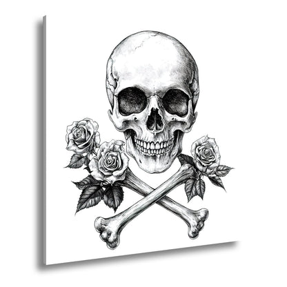 Leinwandbild XXL Totenkopf – Knochen und Rosen – Schönheit im Schatten des Todes. - deyoli