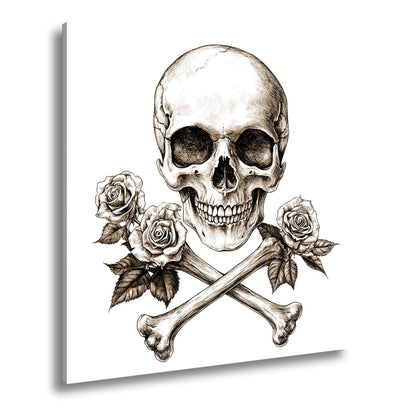 Leinwandbild XXL Totenkopf – Knochen und Rosen – Schönheit im Schatten des Todes. - deyoli