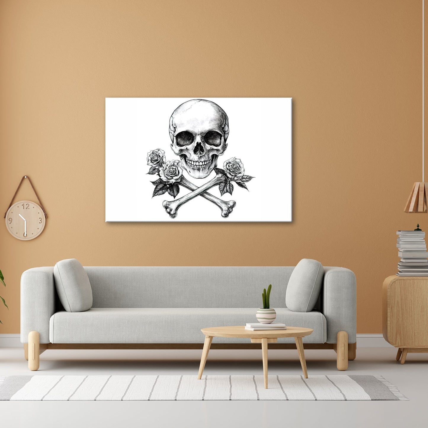 Leinwandbild XXL Totenkopf – Knochen und Rosen – Schönheit im Schatten des Todes. - deyoli
