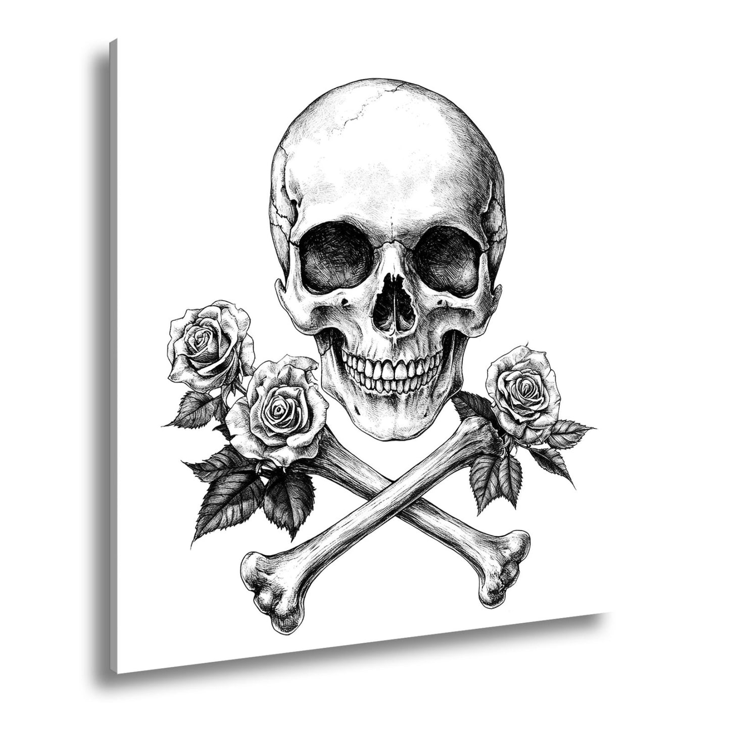 Leinwandbild XXL Totenkopf – Knochen und Rosen – Schönheit im Schatten des Todes. - deyoli