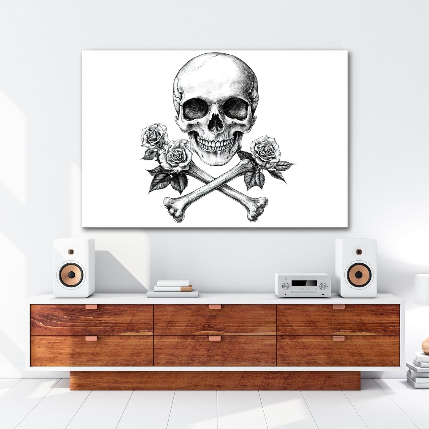 Leinwandbild XXL Totenkopf – Knochen und Rosen – Schönheit im Schatten des Todes. - deyoli