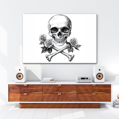 Leinwandbild XXL Totenkopf – Knochen und Rosen – Schönheit im Schatten des Todes. - deyoli