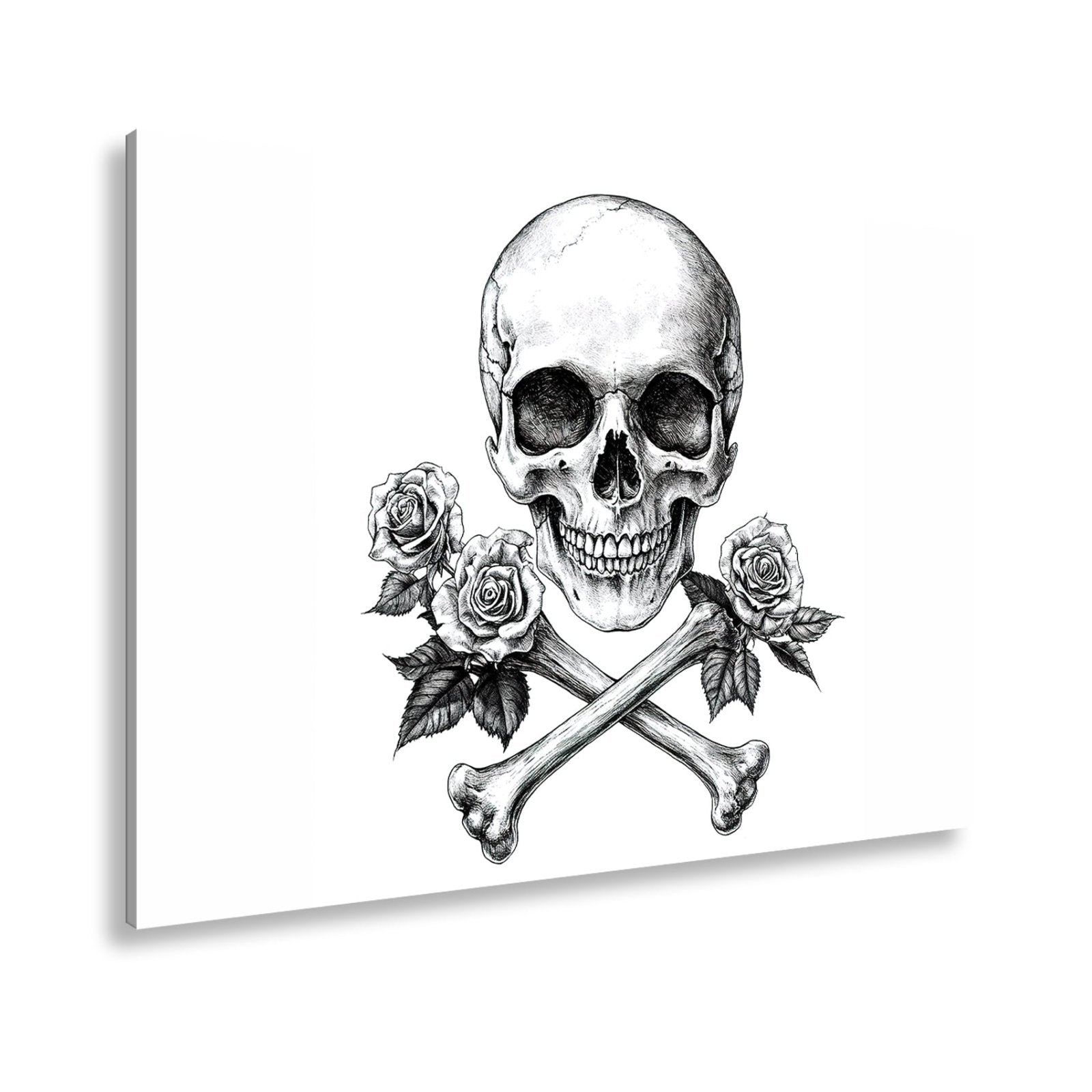 Leinwandbild XXL Totenkopf – Knochen und Rosen – Schönheit im Schatten des Todes. - deyoli