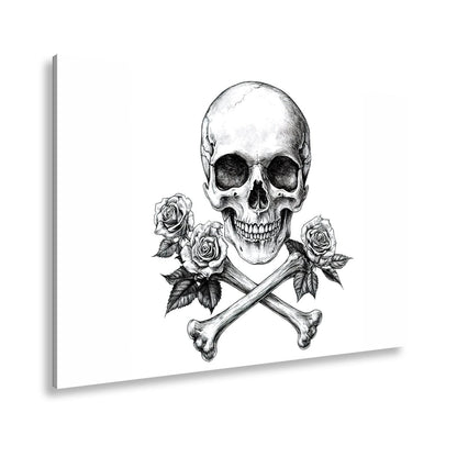 Leinwandbild XXL Totenkopf – Knochen und Rosen – Schönheit im Schatten des Todes. - deyoli